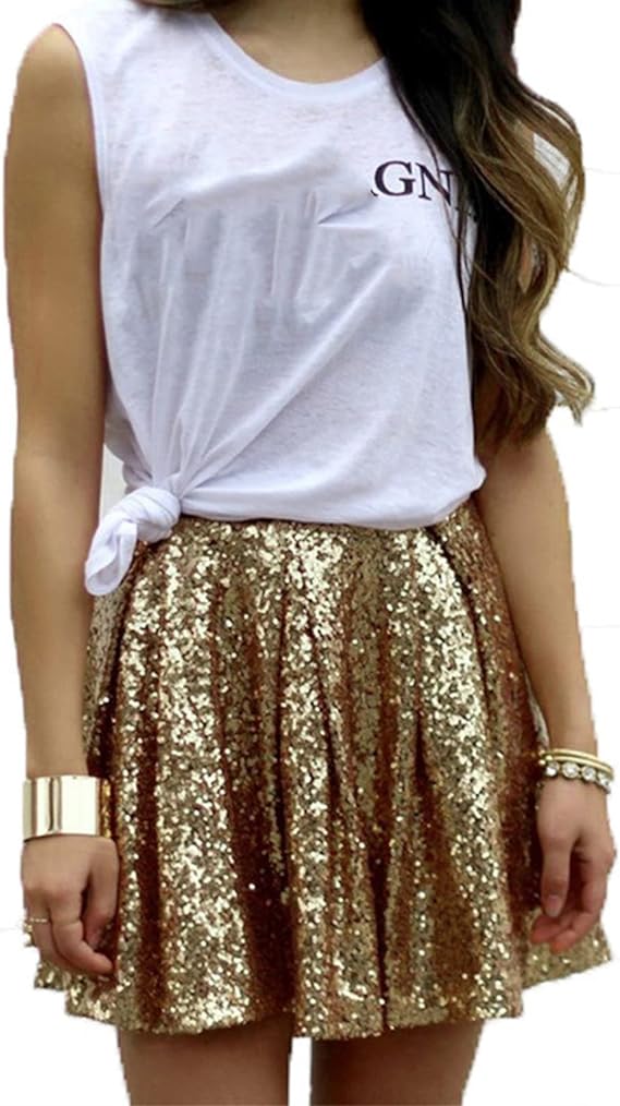 Gonna a pieghe con paillettes dorate a vita alta