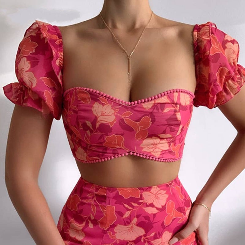 Completo Top corto e mini gonna a vita alta con stampa floreale