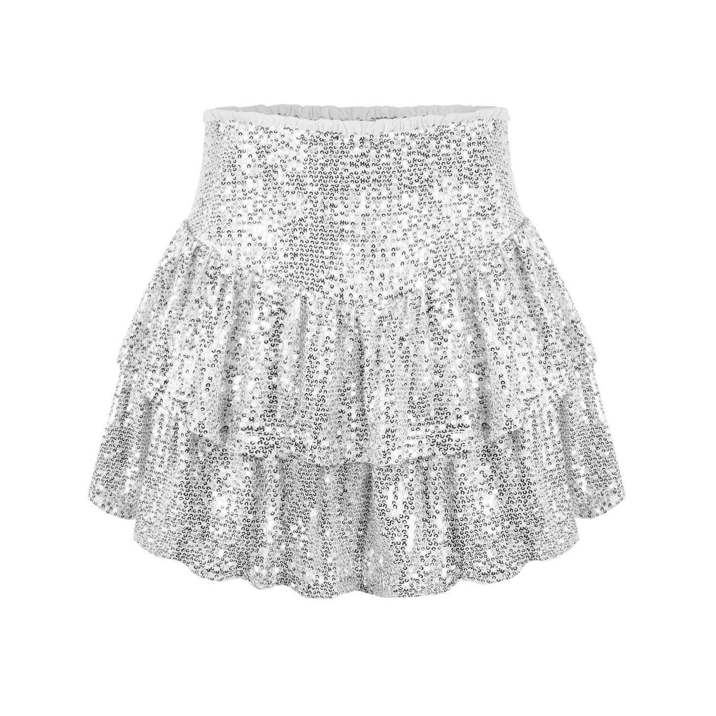 Mini Gonna a Vita Alta con Volant Glitter
