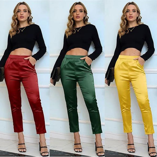 Pantaloni in raso di seta a vita alta elastica con tasche