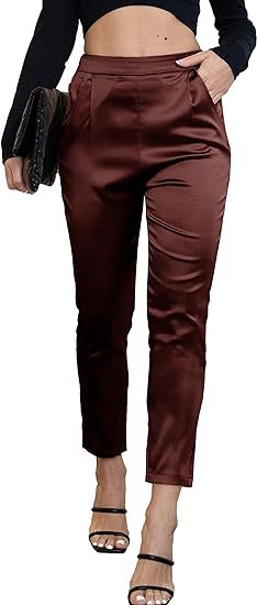 Pantaloni in raso di seta a vita alta elastica con tasche