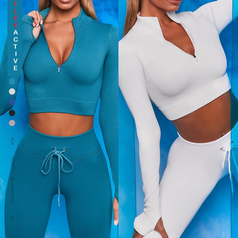 Tutta sportiva con top a maniche lunghe e pantaloni leggings a vita alta